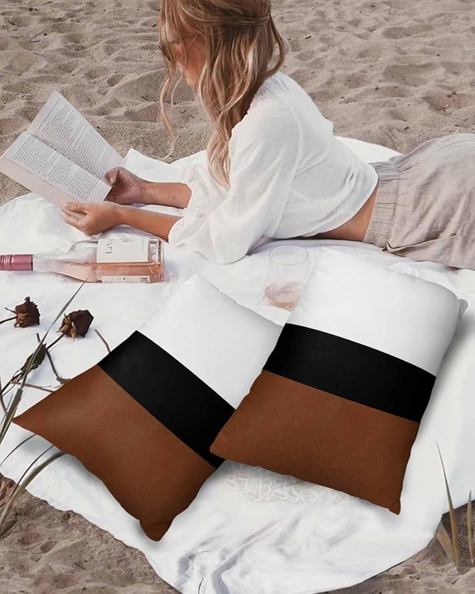 Outdoor Waterproof Throw Pillow Covers Set of 2 Brown Black Stripe Lumbar Pillowcases 20x12 Inches Boho Style Patio Decorative Pillows Cushion Case Patio Pillows for Couch Bed Chair Garden