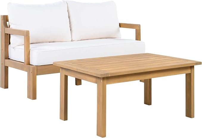 JIVOIT Outdoor 2-Piece Acacia Wood Patio Chat Set, Outdoor Conversation Set with 2 Seater Sofa and Coffee Table, Thick Cushions, Water-Repellent Fabric for Garden, Backyard, Balcony