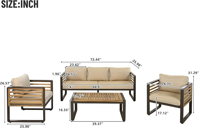 Merax 4-Piece Large Size Outdoor Conversation Sofa Set, Metal and Acacia Wood Frame Sofa with Removable Cushions, Waterproof & UV-Resistant, 5-Person Patio Furniture for Garden Backyard, Brown