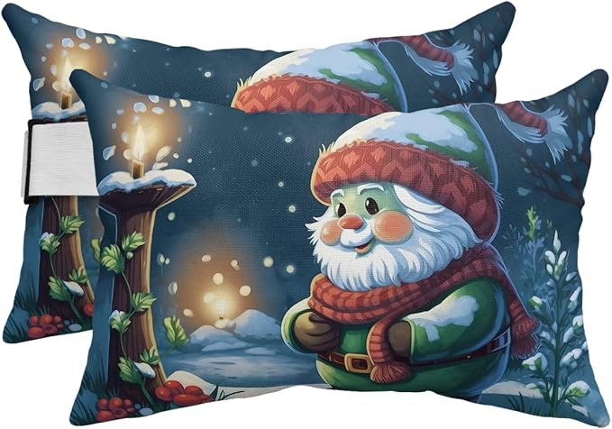 Outdoor Pillows Covers with Inserts Christmas Gnome Candlelight Snow Forest Waterproof Recliner Pillow with Adjustable Strap Throw Pillows for Patio Furniture Pool Lounge Chair, 12x20 inch, 2PCS