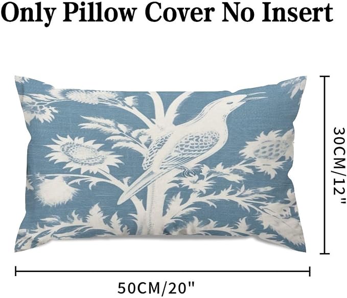 Set of 2 Blue Turquoise and White Birds Plant Pillow Covers 12x20in Farmhouse Canvas Cushion Covers Outdoor for Couch Chair Home Decor for Family Friends