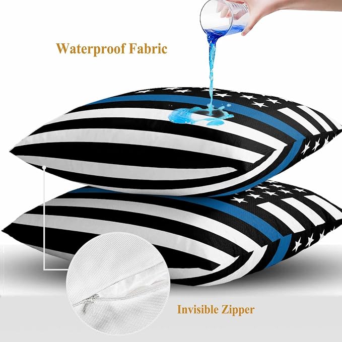 Blue Outdoor Waterproof Throw Pillow Covers Set of 2, 20"x20", Line Flag American Police Flag Honoring Law Enforcement Officers Decorative Pillow Covers Outside Cushion Case for Patio Porch Garden
