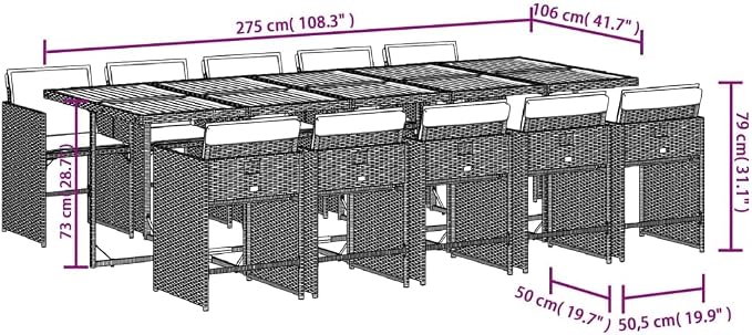 11 Piece Patio Dining Set with Cushions Gray Poly Rattan Outdoor Furniture Table and 10 Chairs for Backyard Garden Deck Dining Relaxing UV-Proof Acacia Wood Foldable heavy-duty 242. 5 lb Capacity
