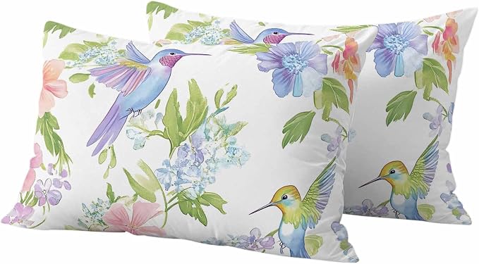 Spring Hummingbird Outdoor Waterproof Throw Pillow Covers Set of 2, 20"x12", Colorful Birds Floral Decorative Pillow Covers Outside Cushion Case for Patio Porch Garden
