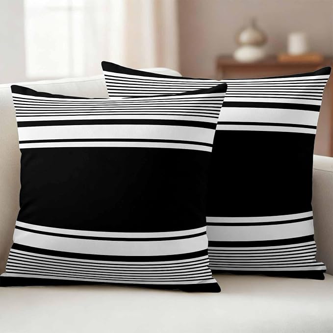 Outdoor Waterproof Throw Pillow Covers, Black Striped Decorative Pillow Cases, Modern Color Block Farmhouse Stripes Couch Pillow Protector Patio Sofa Cushion Covers Replacement 24"x24" 2 Pack