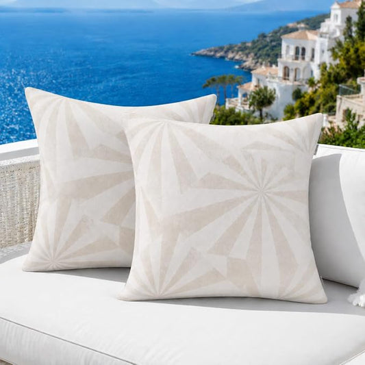 Outdoor Pillow Covers Waterproof Throw Pillow Covers, Set of 2 Jacquard Texture Water Resistant Fade Resistant Decorative Cushion Covers for Garden Patio Bench Couch Sofa, 18x18 Inch (Sunlight Rays)