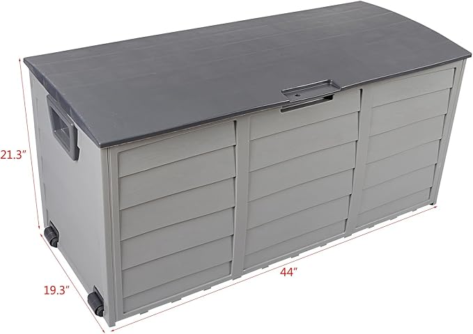 75 Gallon Waterproof Outdoor Deck Box with Wheels, Lockable Resin Patio Storage Container for Cushions, Garden Tools, Pool Accessories and Outdoor Supplies, Grey