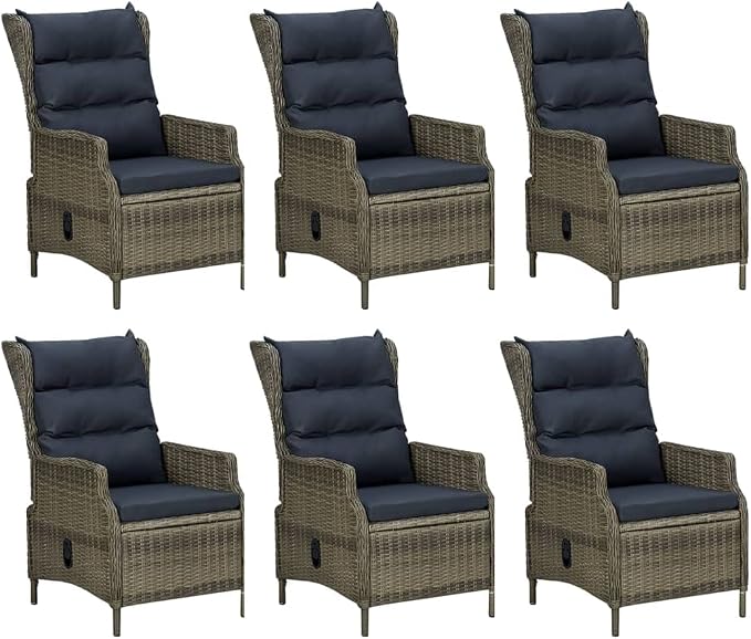 7 Piece Patio Dining Set with Adjustable Backrest, Brown Poly Rattan and Powder Coated Steel Frame, Tempered Glass Tabletop for Outdoor Garden