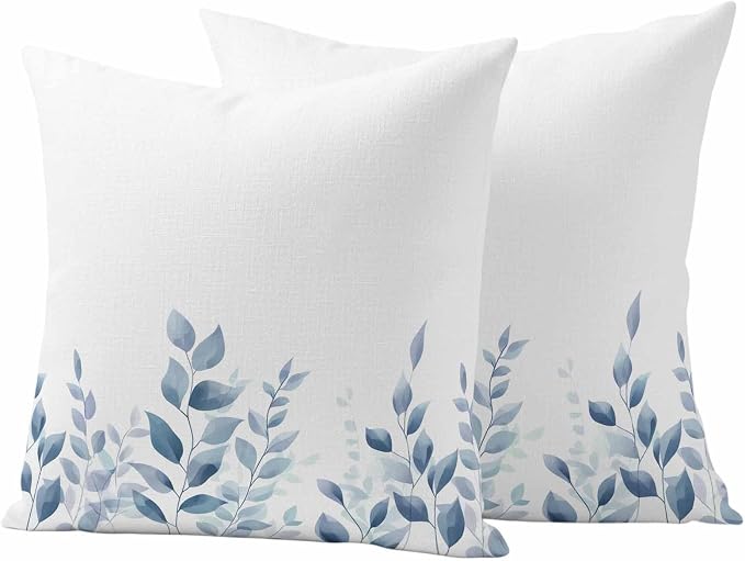 Blue Botanical Outdoor Waterproof Throw Pillow Covers 24x24 Set of 2, Pastoral Leaf Watercolor Decorative Pillowcases Cushion Pillowcase for Couch Sofa Patio Outside Pillow Protector