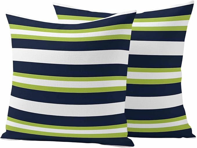 Green and Outdoor Waterproof Throw Pillow Covers Set of 2, 18"x18", Dark Blue Stripes Minimalist Abstract Striped Decorative Pillow Covers Outside Cushion Case for Patio Porch Garden