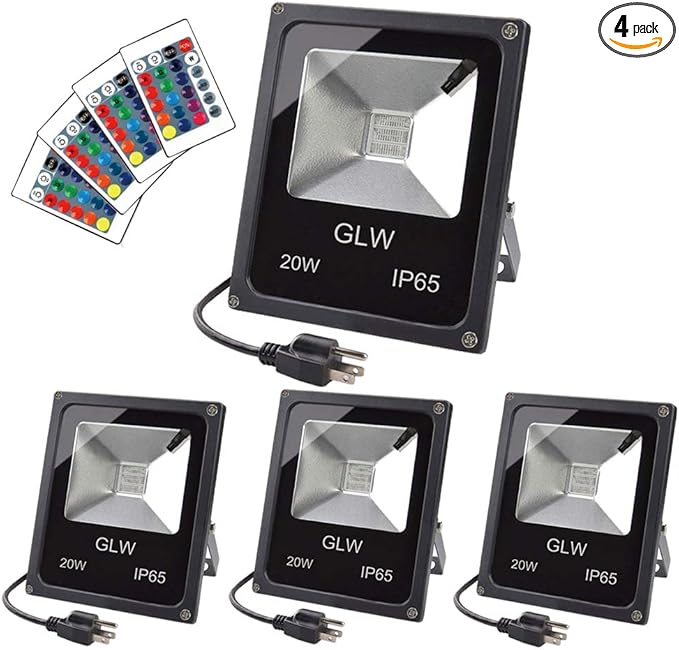 20W RGB LED Flood Lights Color Changing Floodlight with Remote Control IP65 Waterproof Outdoor Landscape Lighting 16 Colors 4 Mode Dimmable Wall Washer Light for Garden,Yard and More(4 Pack)