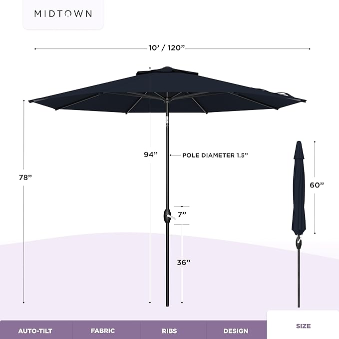 Midtown Umbrellas - The Lean 10 Ft Patio Umbrella with Fade-Resistant Sunbrella Fabric, Auto-Tilt Aluminum Frame and 8 Reinforced Ribs for Deck, Pool & Garden - Canvas Navy Canopy, Black Pole