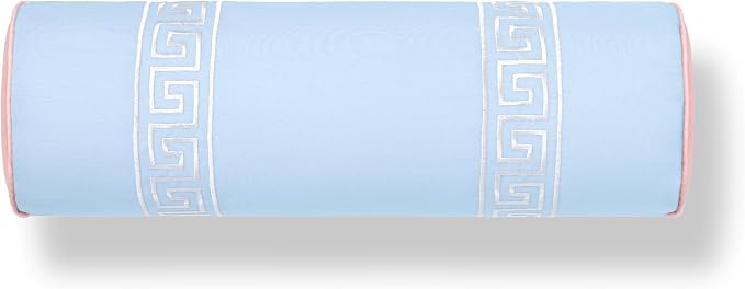 Hofdeco Premium Coastal Grandmillennial Patio Indoor Outdoor Bolster Pillow Cover Only, 8"x24" Water Repellent for Backyard, Couch, Poolside, Baby Blue Pink Embroidered Greek Key