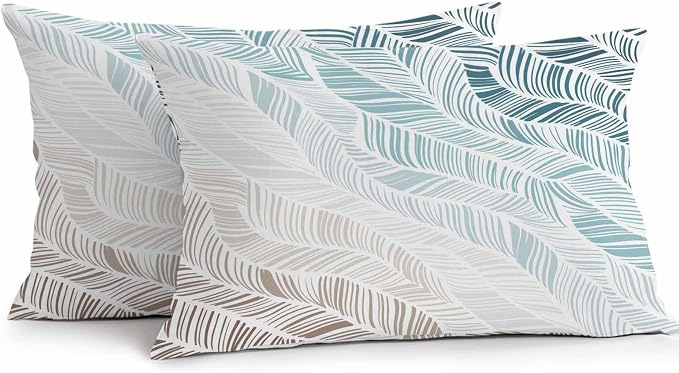Vandarllin Outdoor Throw Pillows Covers 20x12 inch Set of 2 Waterproof Summer Beach Decorative Zippered Cushion Covers for Patio Furniture, Ombre Blue Abstract Leaf Lines Lumbar Pillowcases