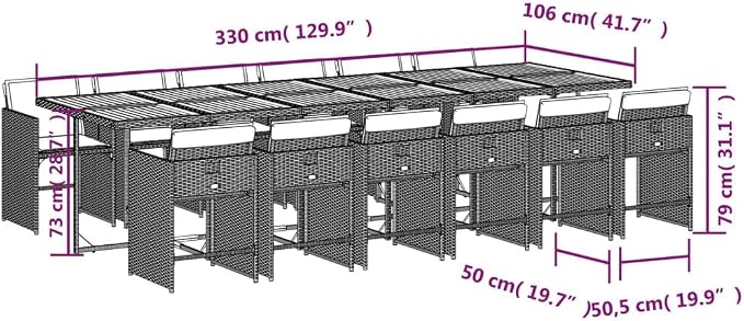 13-Piece Gray PE Rattan Outdoor Dining Set with Acacia Table & Cushions, Compact Patio Furniture Set for Backyard Garden Balcony Porch