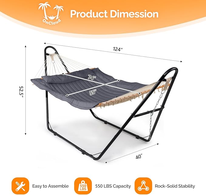 ONCLOUD Double Hammock with Stand for Outside, Rope Hammock with Pillow and Pad, Heavy Duty Hammock Set for Backyard, 550 LBS (Grey)