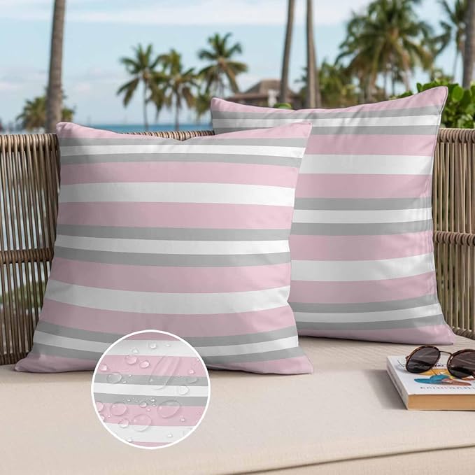 Throw Pillow Covers 20x20 Inch Set of 2, Pink Grey Stripe Waterproof Outdoor Pillow Covers, Minimalist Farmhouse Striped Decorative Cushion Pillowcases for Couch, Sofa, Bed, Garden, Patio
