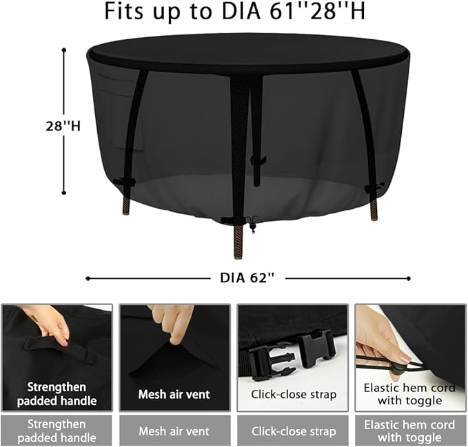 Tuyeho Heavy Duty Round Patio Table Cover (62D x 28H Inch), Waterproof & Weather Resistant, Anti UV - Black