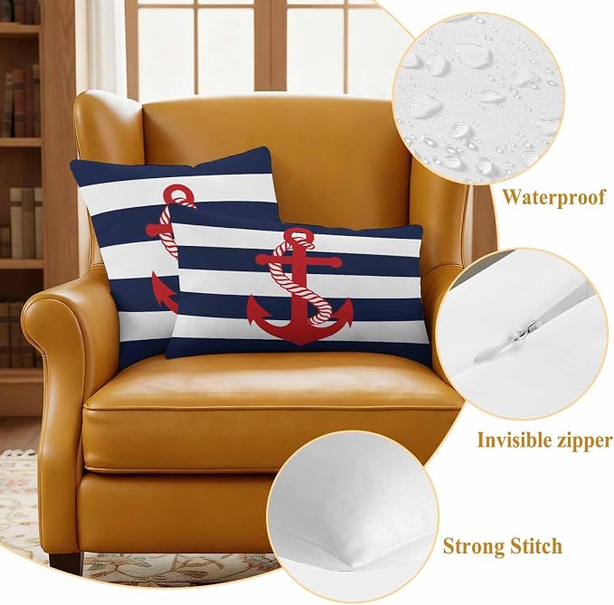 Nautical Anchor Outdoor Waterproof Throw Pillow Covers Set of 2, 18"x18", Coastal Navy Blue Stripe Decorative Pillow Covers Outside Cushion Case for Patio Porch Garden