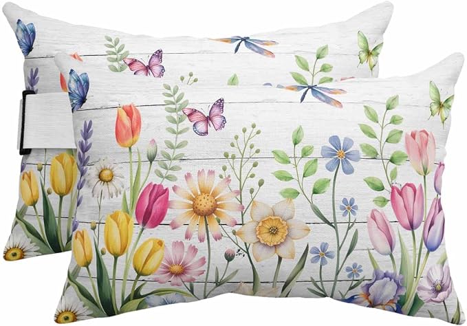 Wildflowers Outdoor Recliner Pillows for Head, Waterproof Chair Pillow with Elastic Stripe, Spring Farmhouse Tulip Floral Leaf Wooden Grain Chaise Lounge Headrest Pillow for Patio/Beach 2Pack, 12"x20"