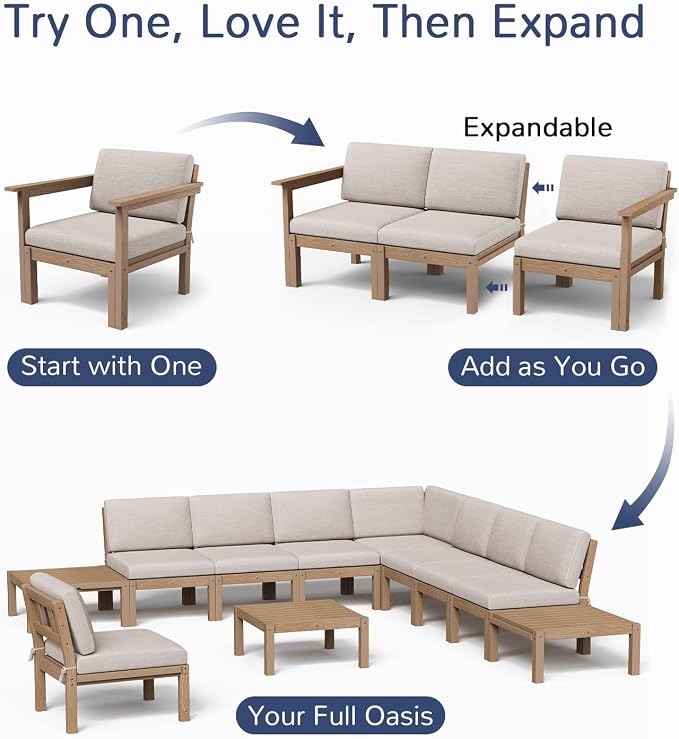 Stoog 3-Seater Patio Sofa, Modular Outdoor Sectional with Waterproof HIPS Frame & Quick-Dry Olefin Cushions – All-Weather for Backyard, Deck, Garden, Teak