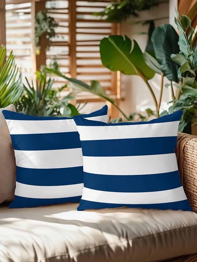 Waterproof Outdoor Pillow Set of 2 Navy Blue White Stripe Decorative Throw Pillows Cover & Insert 18x18 Inch Pillowcase Simple Style Striped Pillows for Couch Sofa Bed Patio Furniture Indoor Outdoor