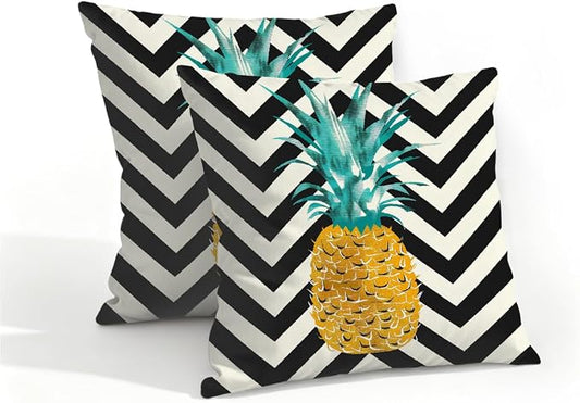 16x16 Inch Outdoor Pillow Covers Set of 2 Waterproof Throw Pillow Covers Decorative Couch Cushion Covers Pineapple On Stripes Square Pillowcases Protectors for Patio Garden Sofa