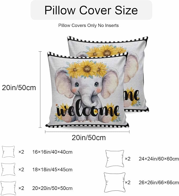 Cute Elephant Outdoor Pillow Covers 18x18 Inch Throw Pillow Covers Set of 2 Waterproof Decorative Pillow Cases Funny Sunflowers Animal Welcome Sign Linen Cushion Covers for Patio Furniture Garden