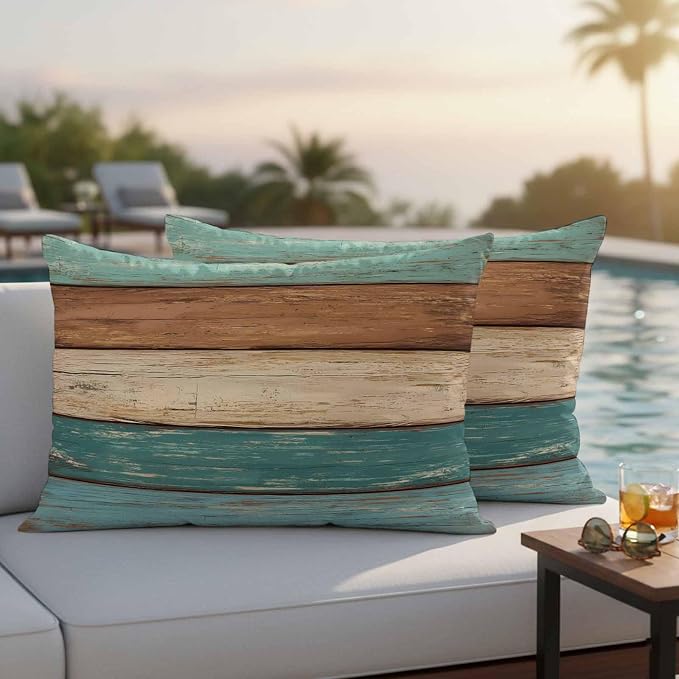Outdoor Throw Pillows Covers 12X20 Set of 2 Waterproof Teal Turquoise Green Brown Decorative Zippered Cushion Covers for Patio Furniture, Farmhouse Retro Rustic Barn Wood Texture Lumbar Pillowcases