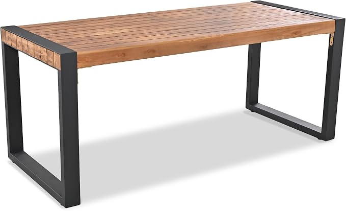 3 PC Outdoor Dining Set with 2 Benches Acacia Wood Tabletop & Steel Frame | All-Weather Patio Furniture for Backyard, Garden, or Indoor Use, Natural