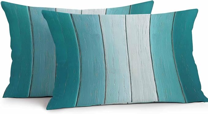 Lumbar Pillow Covers 20x12 Inch Set of 2, Aqua Ombre Waterproof Outdoor Cushion Covers, Vintage Country Wooden Decorative Pillowcases for Couch, Sofa, Bed, Garden, Patio