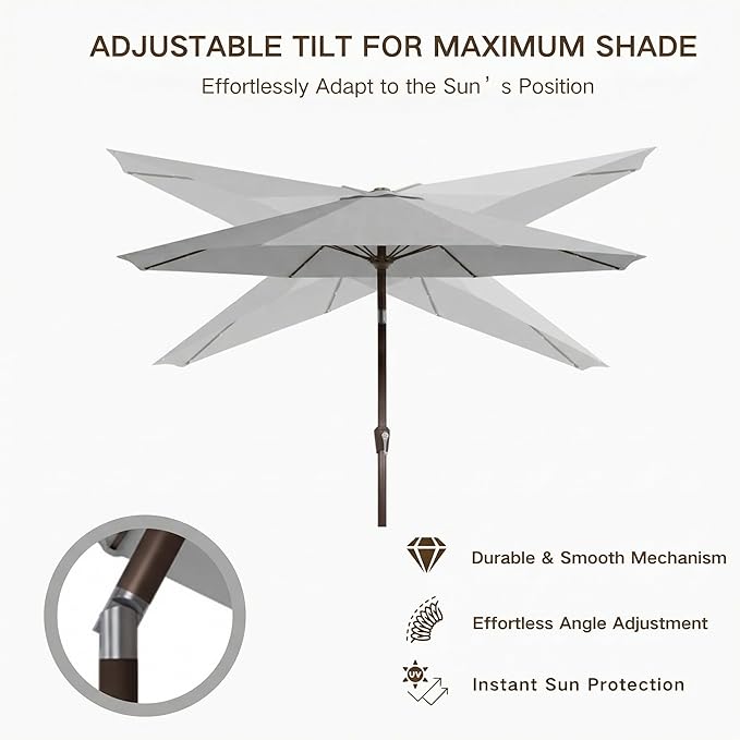 Kingdura 10FT Outdoor Patio Umbrella with Solar Lights, Market Table Umbrella with Push Button Tilt & Crank, 8 Sturdy Ribs, 32 LED Lights, UV Protection for Garden Lawn Deck Backyard Pool (Light grey)
