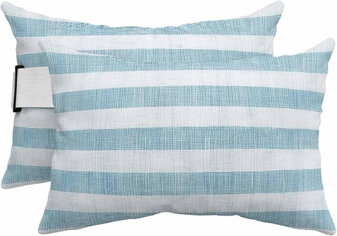 Pack of 2 Outdoor Lumbar Pillow Covers 11x16 Inch, Blue Striped Waterproof Throw Pillow Covers Set, Rustic Farmhouse Stripes Indoor&Outdoor Decorative Cushion Cases for Patio Porch Beach