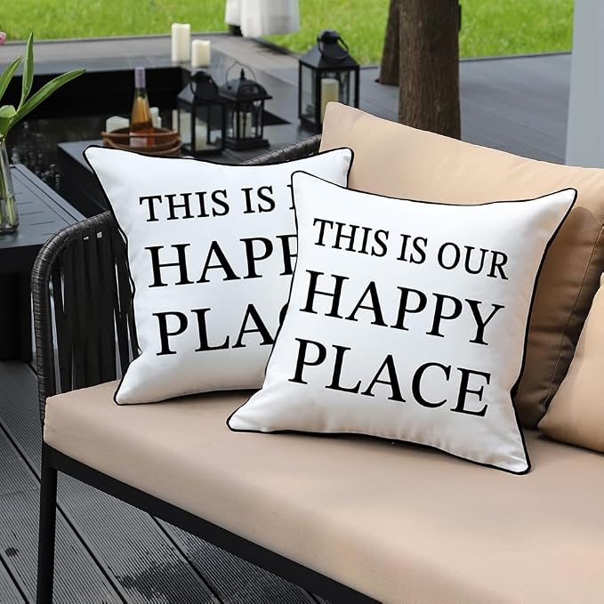 Porch Decor White Outdoor Pillow Cover Waterproof 18x18, Double-Sided Print | This Is Our & My Happy Place Sign, Set of 2, 18 x 18 Outdoor Pillows, Porch Decorations Outdoor, Outdoor Decor for Patio