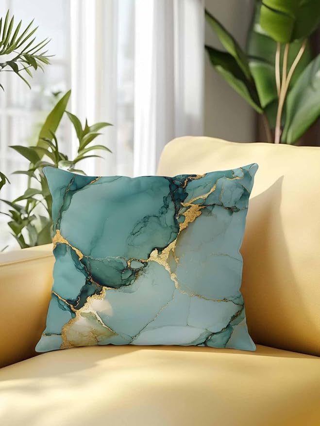 1 Pack Outdoor Throw Pillow, Teal Ombre Marble Waterproof Pillow with Insert Included, Modern Ink Painting Abstract Decorative Accent Cushion Sofa Pillows for Patio Porch, 18 x 18 in