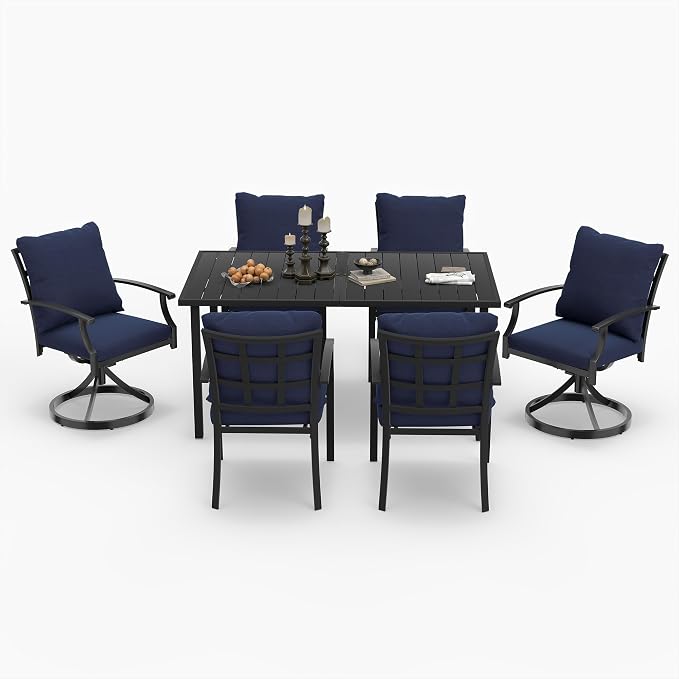 HAPPATIO 7-Piece Patio Dining Set, Outdoor Dining Set with Powder-Coated Metal,Dining Table with Umbrella Hole, 4 Stackable and 2 Swivel Chairs with Removable Cushions for Porch Pool Garden, Navy Blue