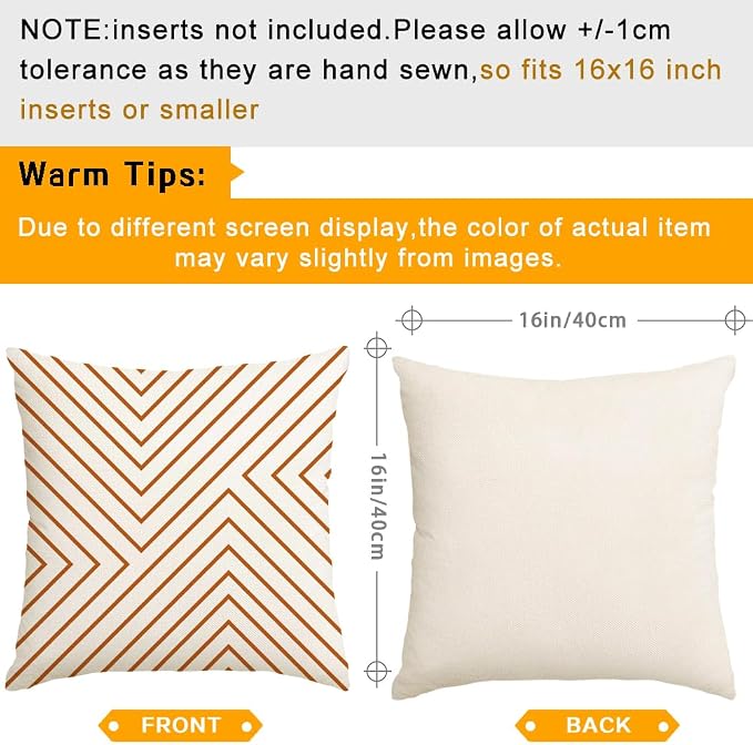 Outdoor Pillows Covers 16x16 Waterproof,Orange and Beige Set of 4(No Insert | for Covered Patio Furniture Couch Sunbrella,No Insert Just Covers,Fit 16x16 inch Inserts or Smaller,Durable Polyester,Boho