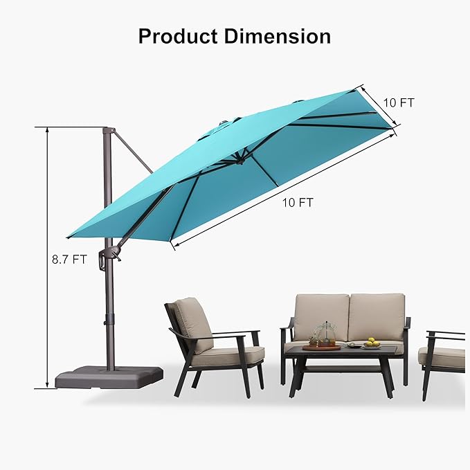 PURPLE LEAF 10' X 10' Patio Cantilever Umbrella with Base Included Antique Bronze Square Outdoor Umbrella with 360° Rotation and Aluminum Offset Hanging for Garden Backyard Pool, Turquoise