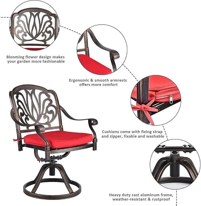 Grepatio 7 Piece Cast Aluminum Outdoor Dining Set, Patio Furniture Set with 2“ Umbrella Hole and 4 Chair & 2 Swivel Chairs with Cushions, Dining Furniture Set for Porch Poolside Garden (Red)