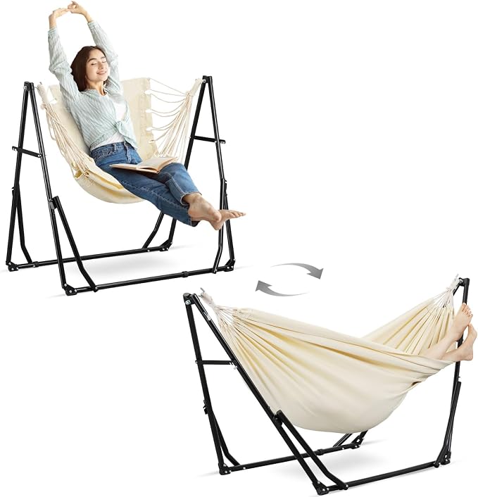 Hammock with Portable Steel Stand and Carrying Bag for Outside,Easy Set Up for Outdoor,Indoor,Backyard,Patio,Camping,Garden,Trip (White)