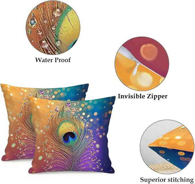 16x16 Inch Outdoor Pillow Covers Set of 2 Waterproof Throw Pillow Covers Decorative Couch Cushion Covers Peacock Feather Rainbow Square Pillowcases Protectors for Patio Garden Sofa