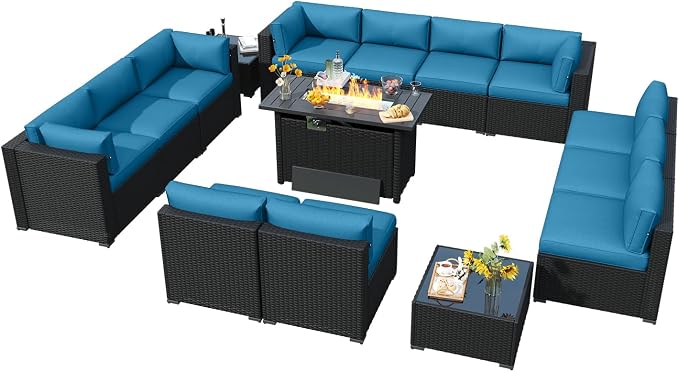 LazySunsets 15 Piece Outdoor Patio Furniture Set with 44'' Fire Pit Table, Outdoor Patio Furniture Set with Thicken Cushion, Wicker Rattan Outdoor Conversation Set for Backyard & Garden, Peacock Blue