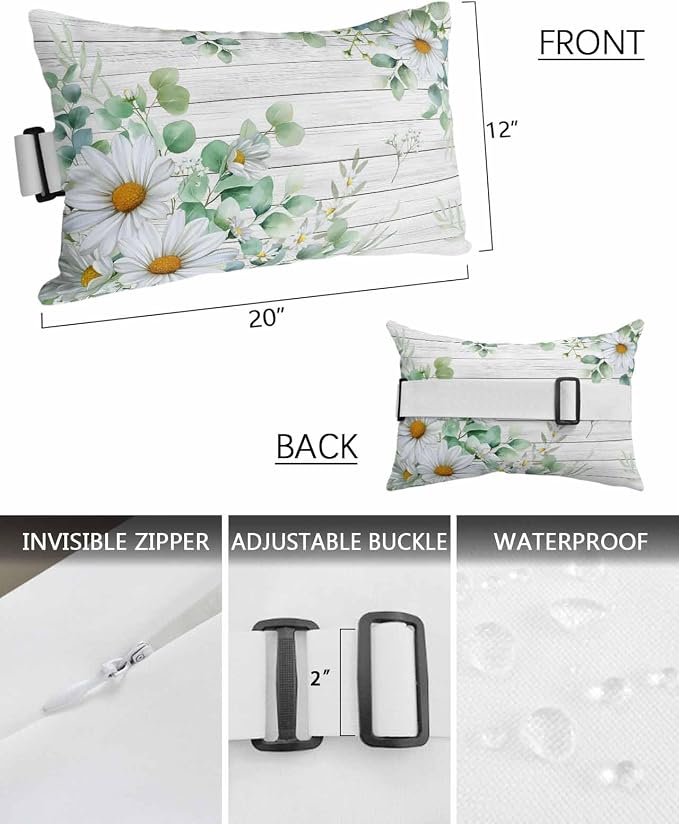 Daisy Eucalyptus Leaves Outdoor Pillows with Insert 12x20 Inch Floral Spring White Wood Grain Waterproof Headrest Pillows with Adjustable Strap Lounger Chair Throw for Patio Furnitures, 2 Pack