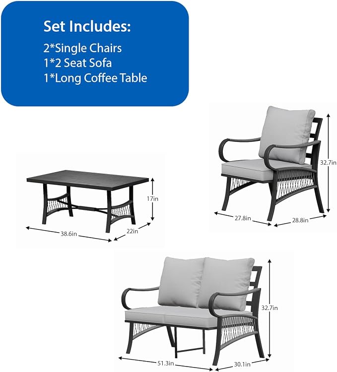 4 Piece Patio Furniture Set, All Weather Outdoor Sectional Sofa Conversation Set with Thick Cushions and Metal Coffee Table for Garden, Porch, Lawn, Grey