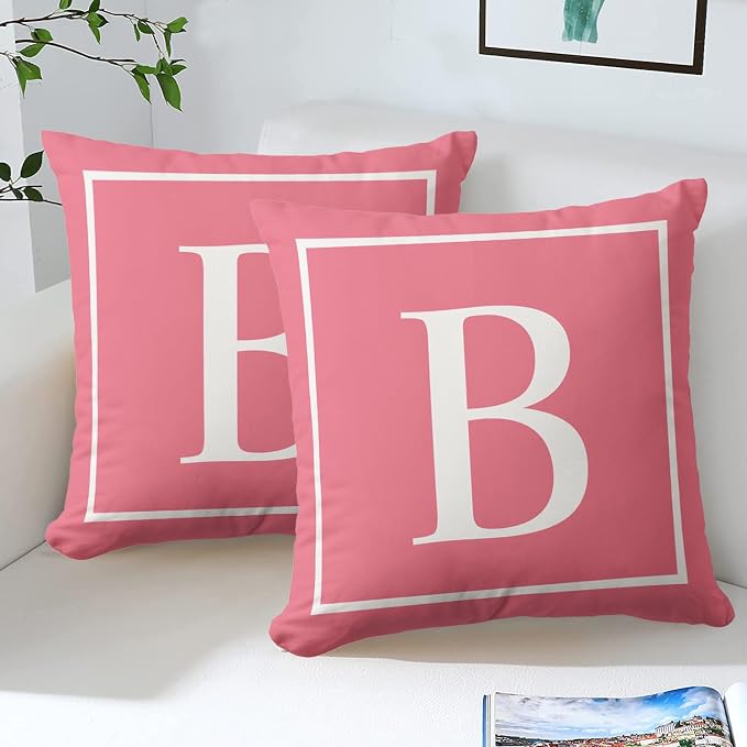 Monogram Initial Pink Outdoor Pillow Covers 18 x 18inches Decorative Pillow Case for Sofa Couch Bed (Pillow Insert Not Include)