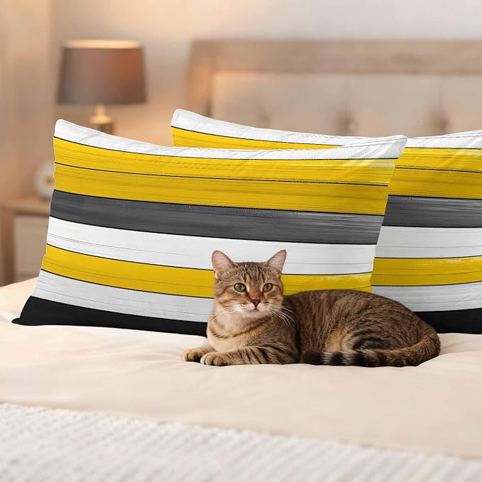 Yellow Black Outdoor Pillow Covers 20"x12" Set of 2, Striped Gradient Wood Grain Modern Art Waterproof Throw Pillow Covers for Patio Furniture, Decorative Cushion Covers for Porch