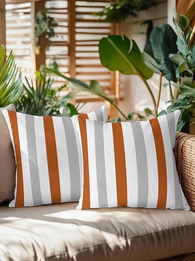 Outdoor Pillows Waterproof, Burnt Orange Gray Striped Bedding Throw Pillows with Insert for Couch Sofa Bed, Farmhouse Stripe Art 16x16 Inch Pillowcases Camping Patio Pillow Set of 2
