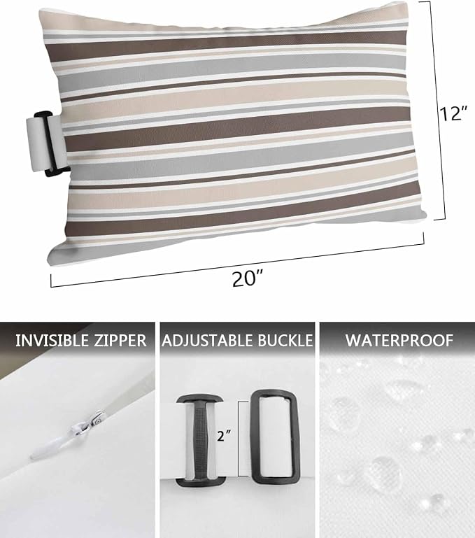 Pack of 4 Outdoor Lumbar Pillow Covers 12x20 Inch, Khaki Grey Striped Waterproof Throw Pillow Covers Set, Farmhouse Stripes Modern Abstract Art Outside Decorative Cushion Cases for Patio Porch Car