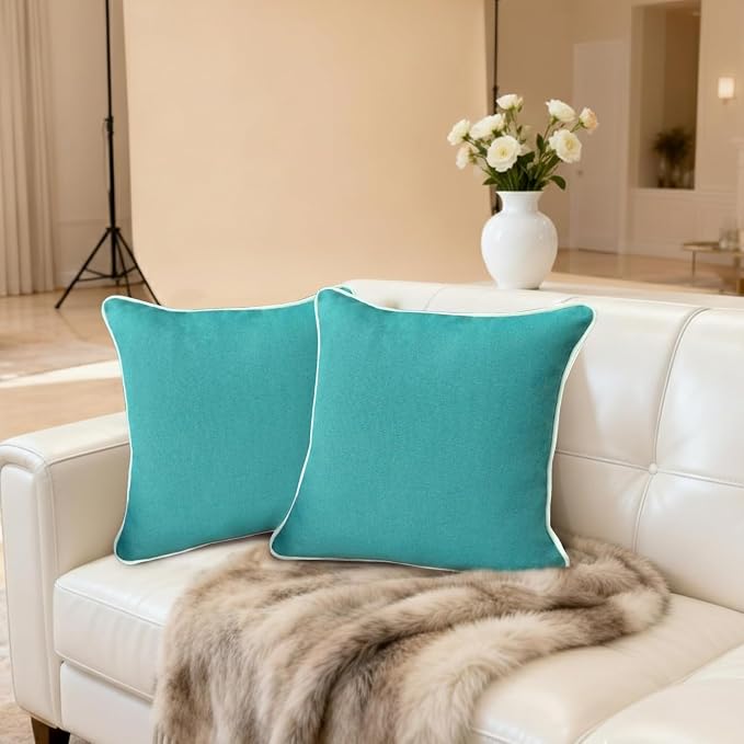 HER HWA Outdoor Throw Pillow Covers White Piping 18x18 Set of 2, Turquoise | durable fade-resistant water-resistant 100% polyester white piping smooth zipper machine washable for indoor outdoor décor