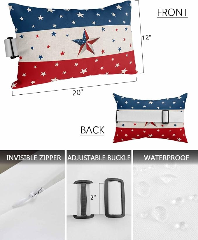 Recliner Head Pillow Independence Day Red White Blue Stripe Outdoor Throw Pillow with Insert,Waterproof Recliner Pillows Chaise Lounge Lumbar Cushion for Beach Rustic Star Patio Pillow 2 Pack